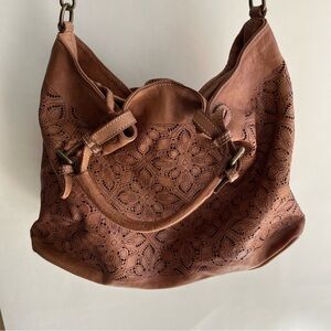 Fiori Di Firenze Laser Cut Leather Handbag Hobo Crossbody Tan Brown